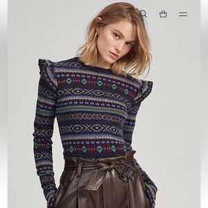Polo Ralph Lauren Fair Isle Ruffle-Trim Jumper Sweater Large Blue